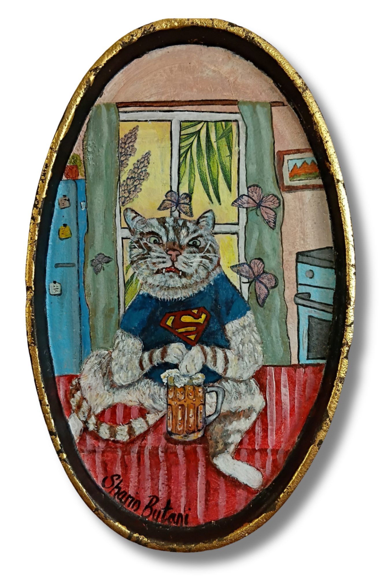"Beer Break" Cat Wall Art – Mixed Media on Metal with Gold Leaf