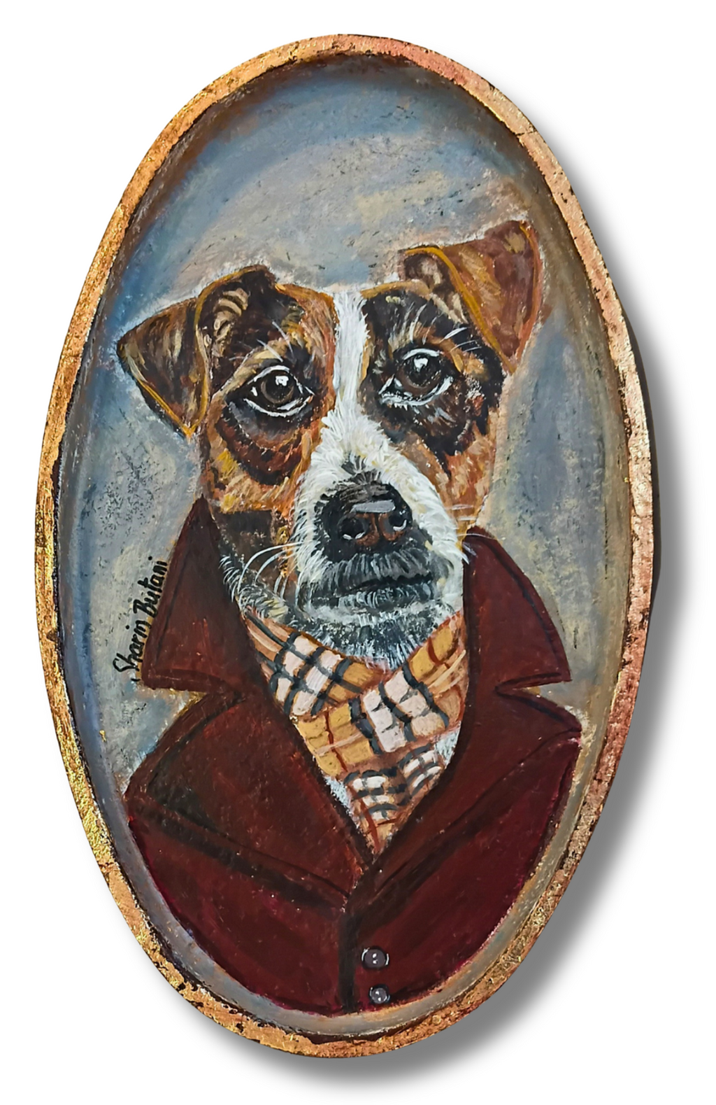 "The Dapper Pup" Portrait – Acrylic on Vintage Metal with Gold Leaf