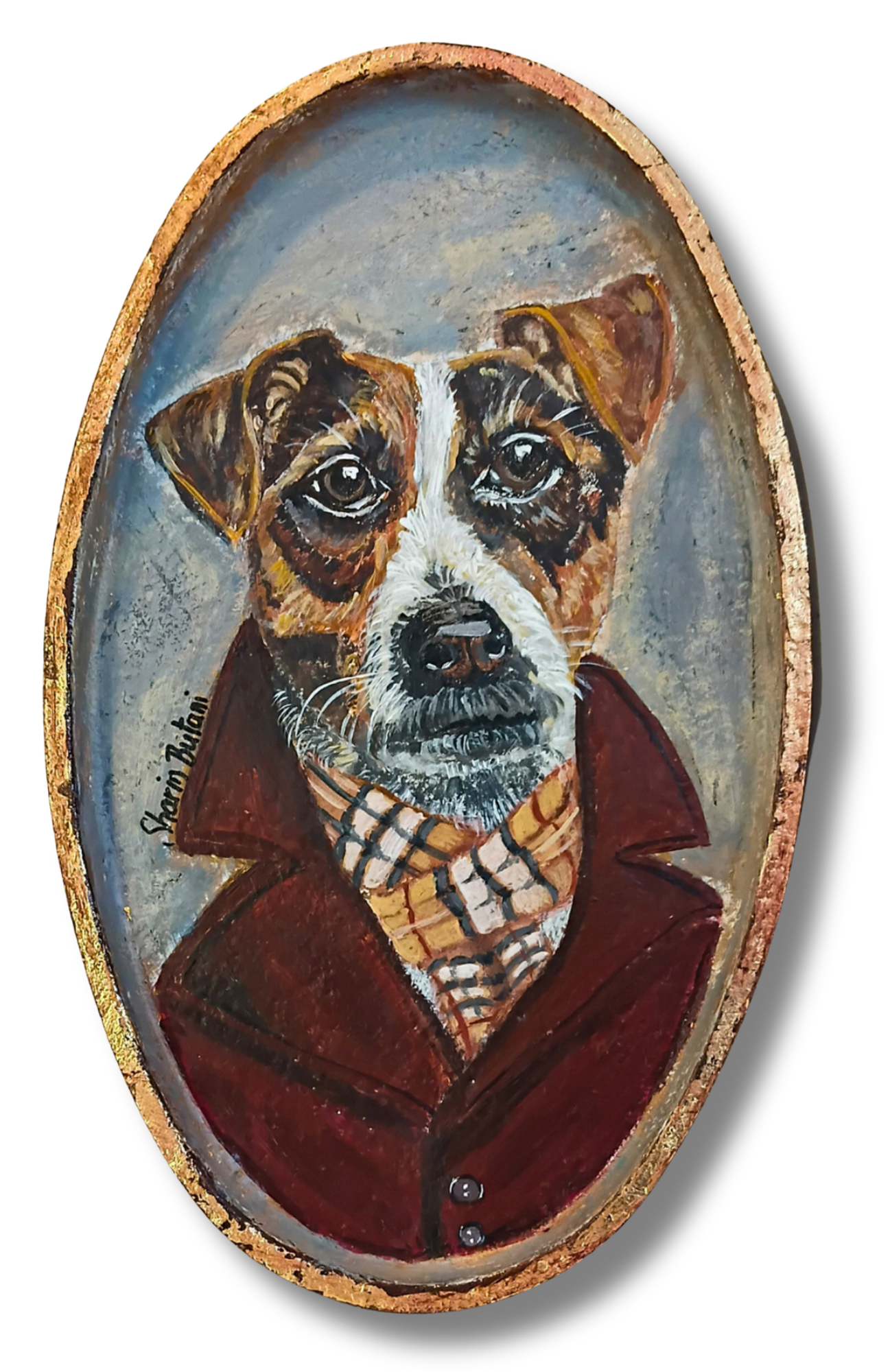 "The Dapper Pup" Portrait – Acrylic on Vintage Metal with Gold Leaf