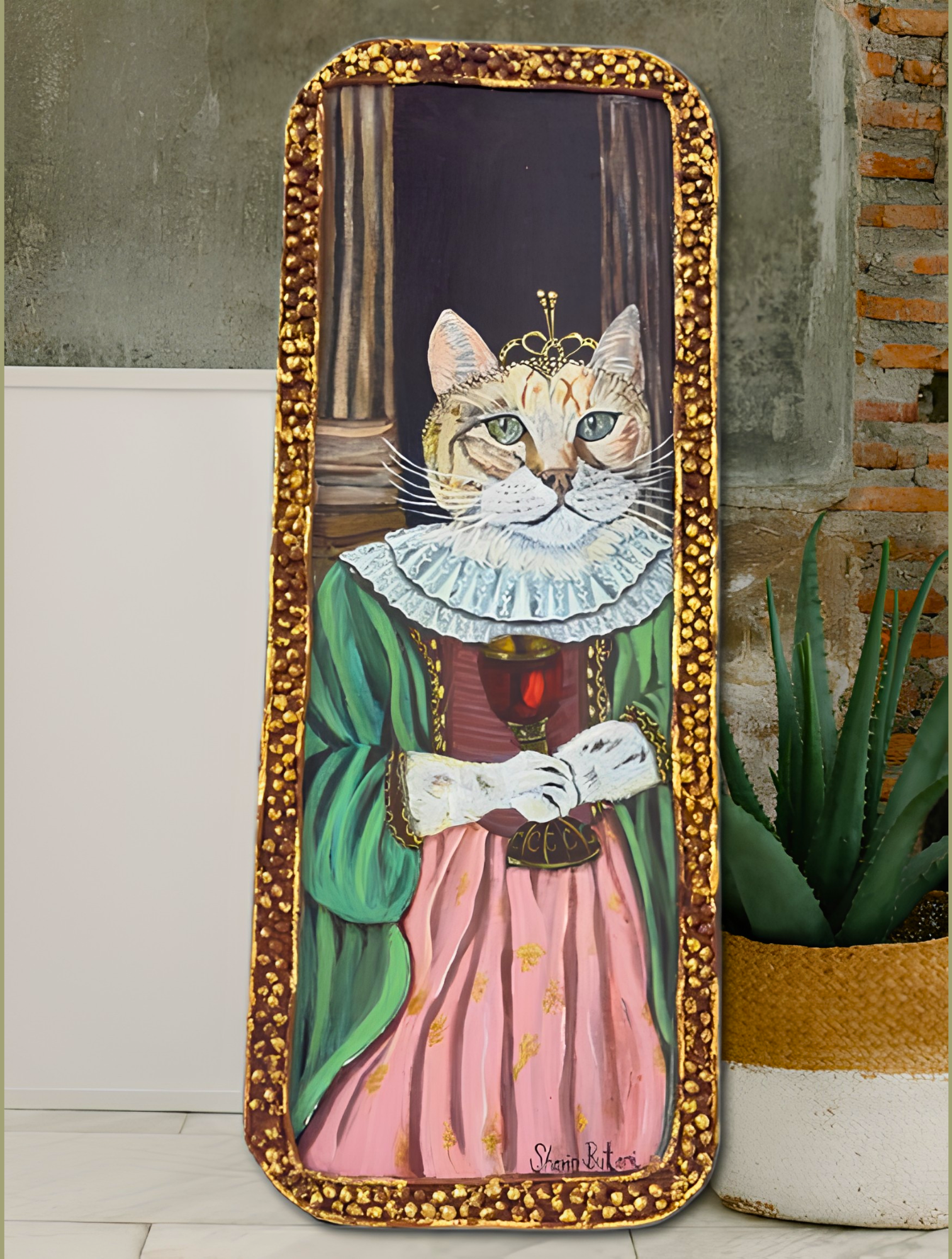 Princess Camila — Renaissance Cat Portrait on Wood block with Hand-sculpted Clay Frame