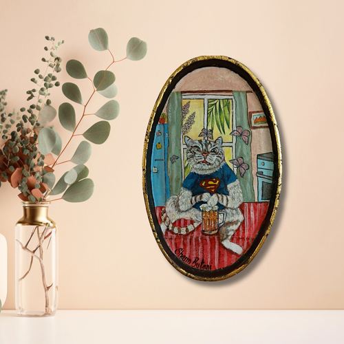 "Beer Break" Cat Wall Art – Mixed Media on Metal with Gold Leaf