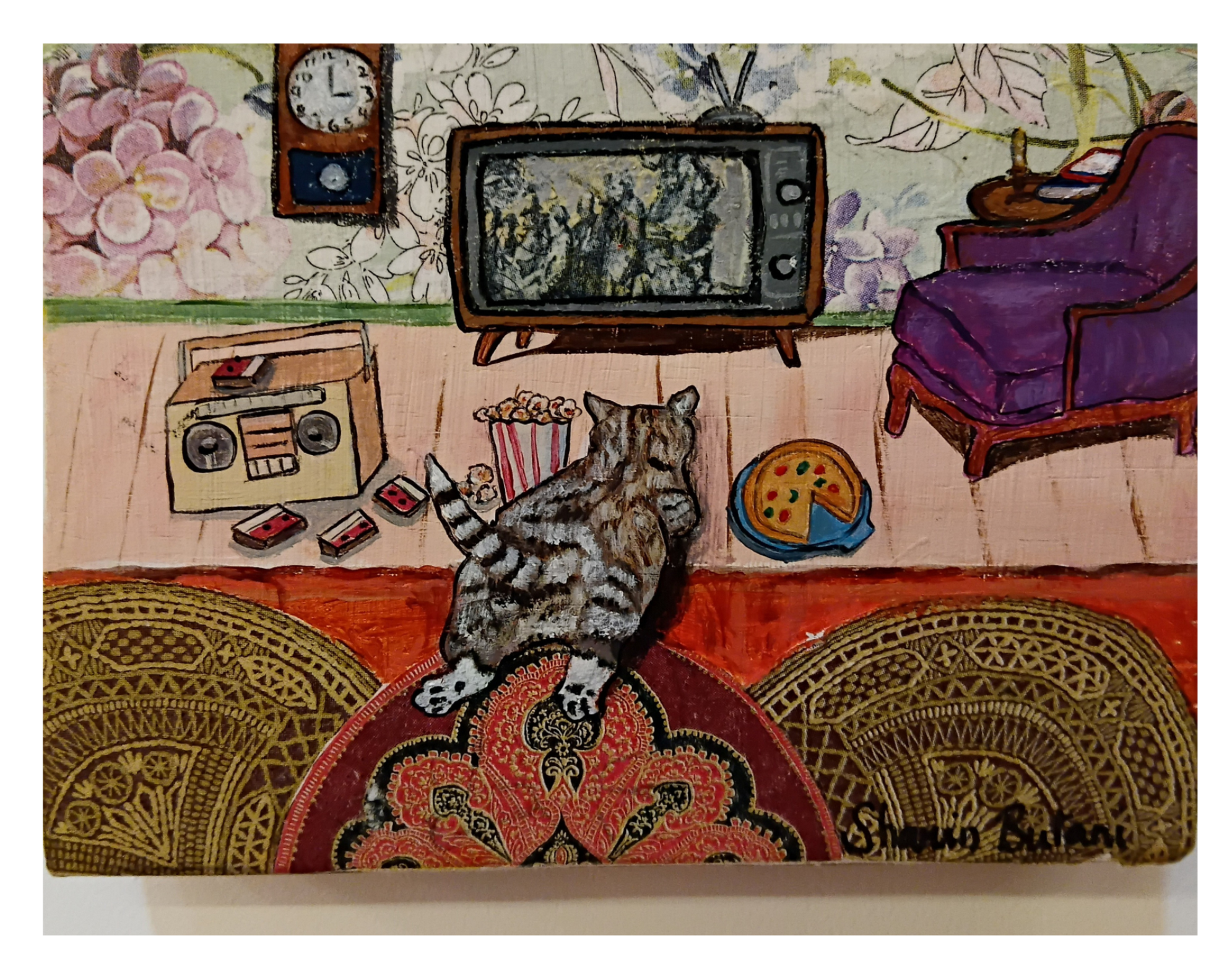 Movie Night Cat – Original 5x7" Mixed Media Painting on Wood