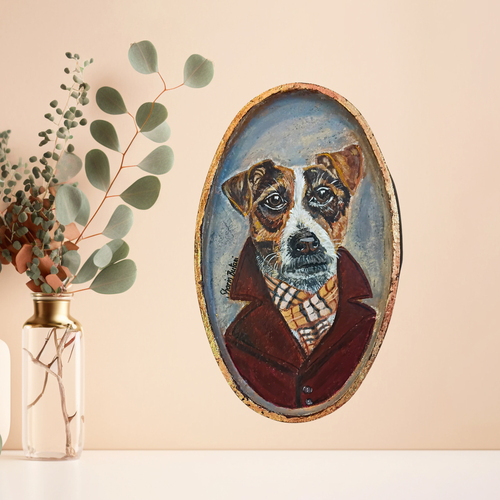 "The Dapper Pup" Portrait – Acrylic on Vintage Metal with Gold Leaf