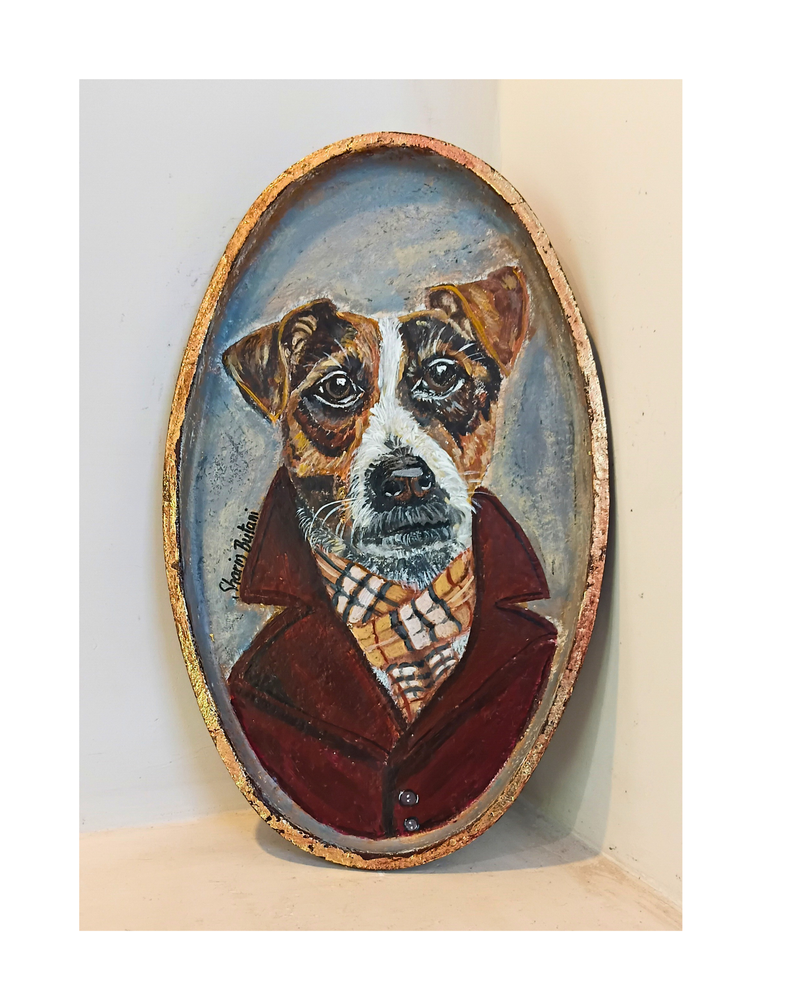 "The Dapper Pup" Portrait – Acrylic on Vintage Metal with Gold Leaf