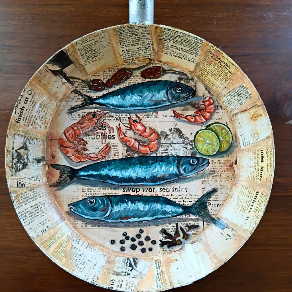 Vintage Seafood Pan Wall Art – Handpainted Mixed Media