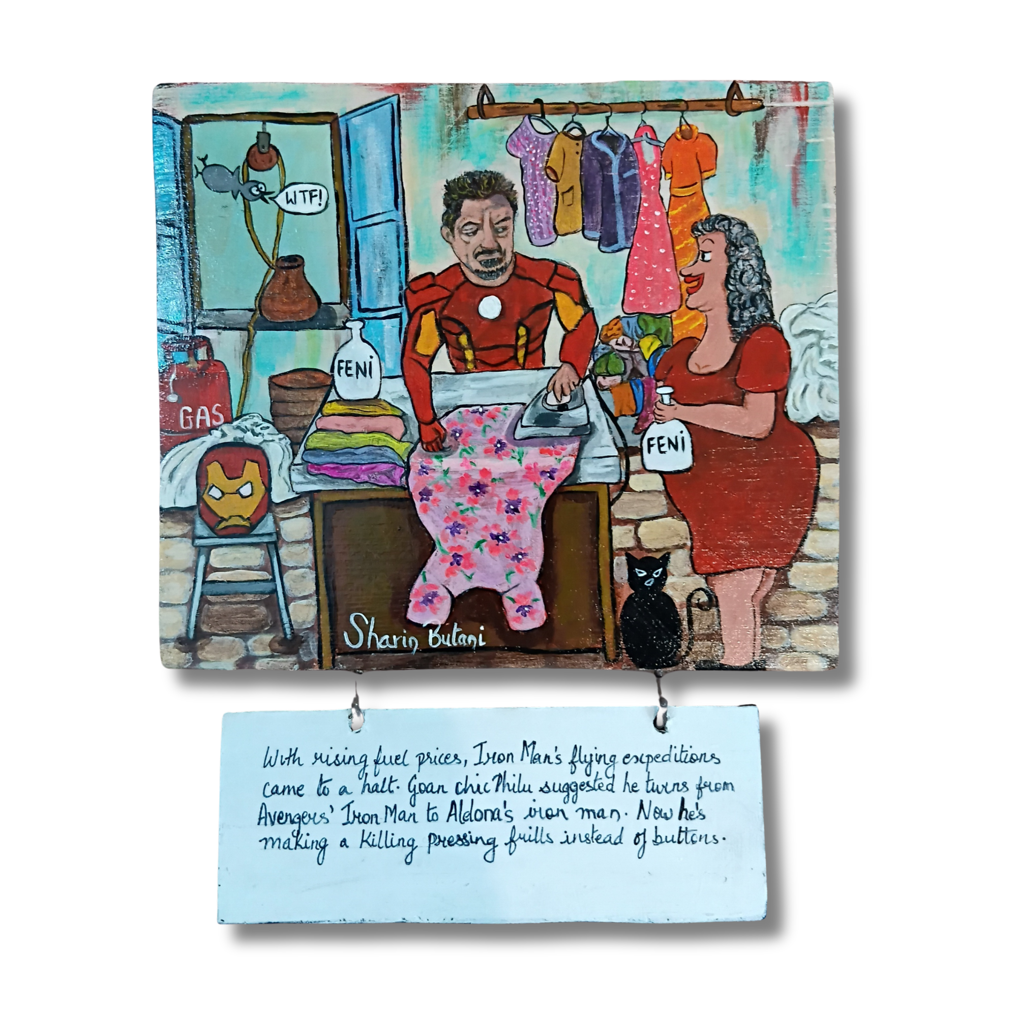 Iron Man Does Laundry in Goa – Original Acrylic on Wood