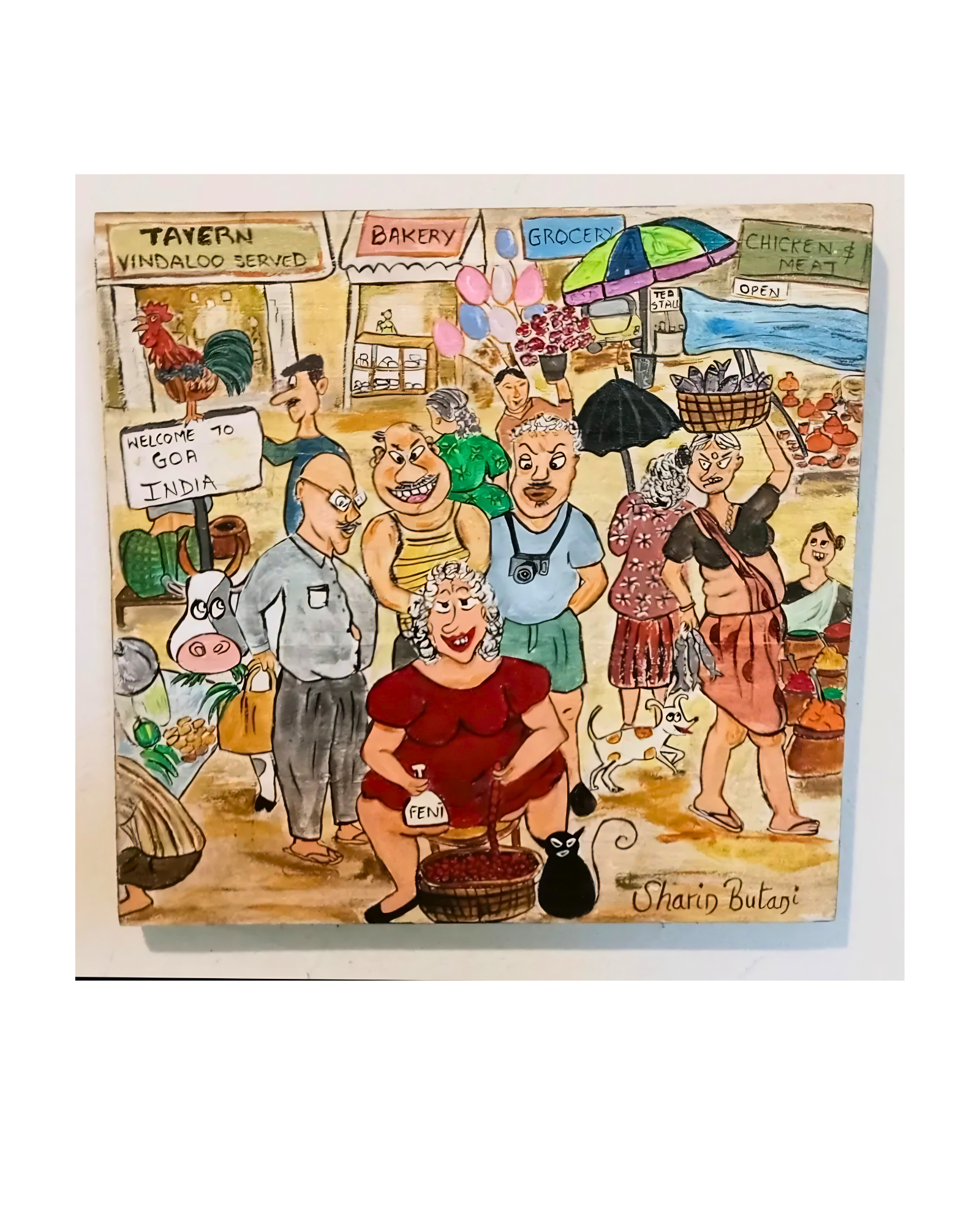 Mapusa Friday Market – Philu's Famous Sausages | Original 9"x8" Painting on Wood
