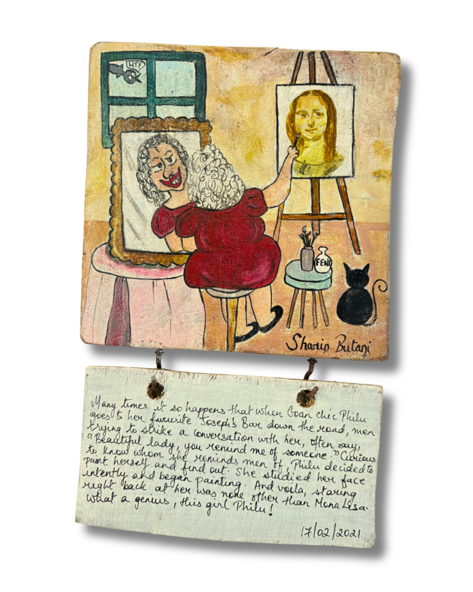 Philu as Mona Lisa – Original on Wood with Story Plaque