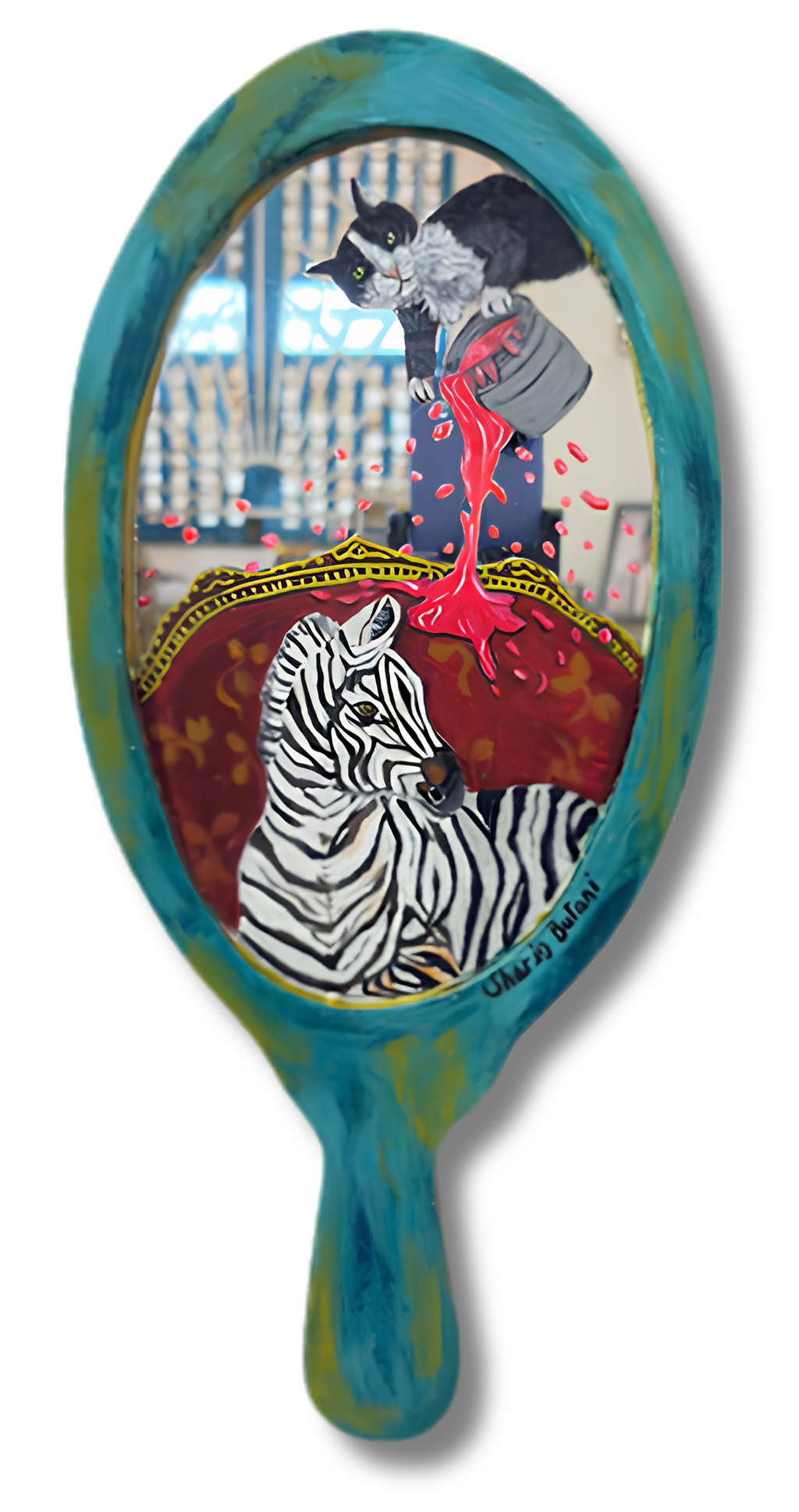 Jealous Cat Handheld Mirror – Original Acrylic Painting on Mirror | Functional Art