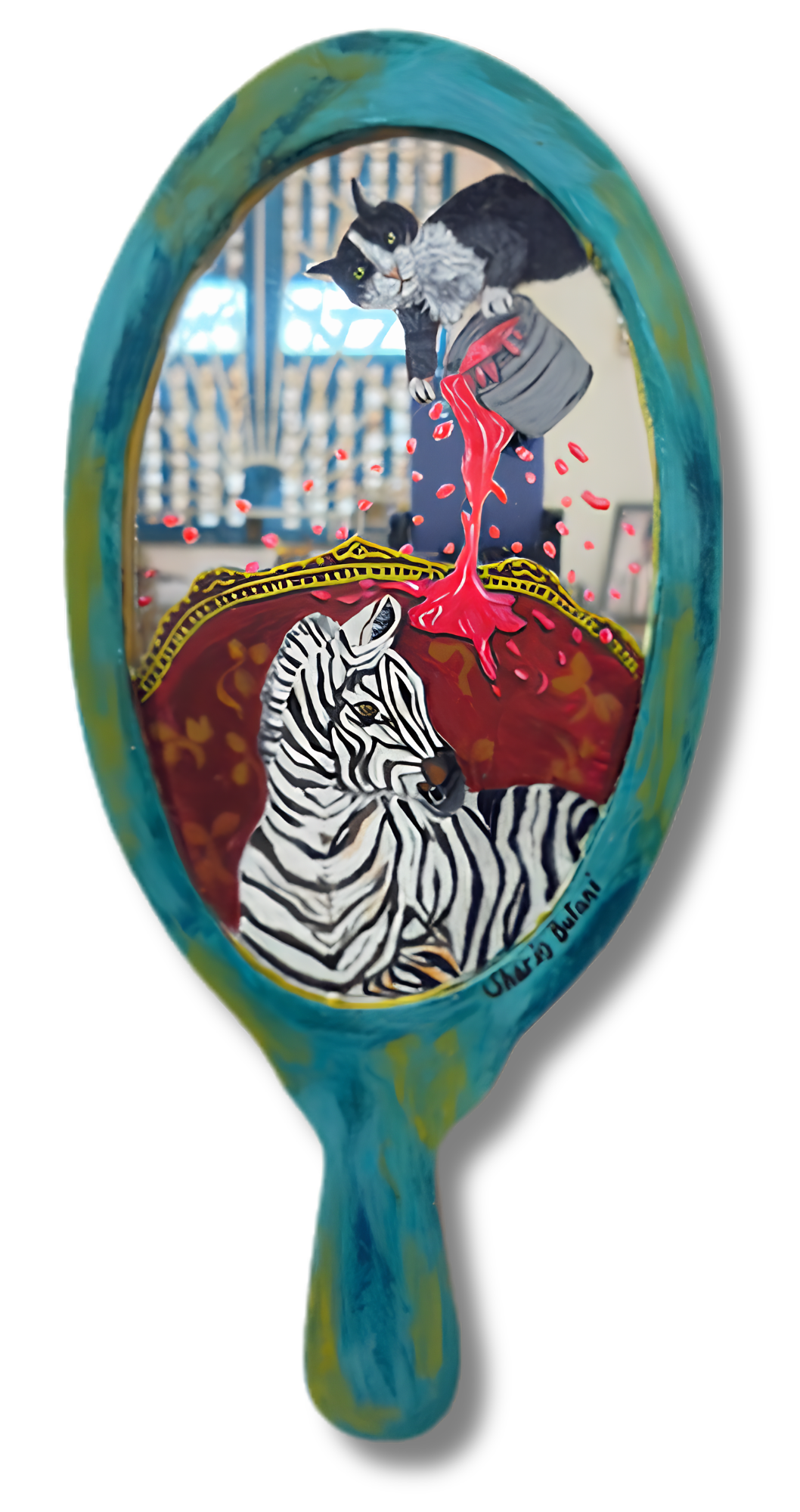 Jealous Cat Handheld Mirror – Original Acrylic Painting on Mirror | Functional Art